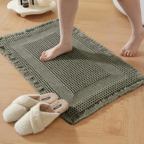 Waffle Bathroom Rugs Non Slip Bath Mat Hallway Bedroom Olive Green - color: Olive Green, size: 24" x 36"