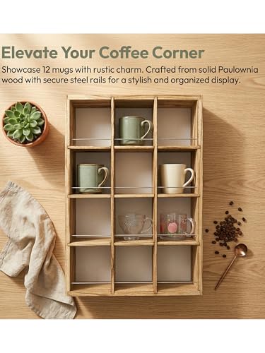 12 Grid coffee mug display shelf, 17x25" Wooden cup shelf for wall, Carbon - color: Carbon