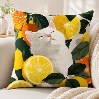 Sleeping Cat Pillow Cover 18x18 Inches, Citrus Botanical Decor - color: Lemon Cat
