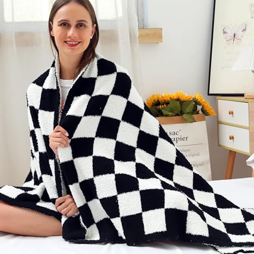 Ultra Soft Checkered Blanket Cozy Buffalo Check Throw Fluffy Knitted Reversible Throw Blanket Lightweight Fleece Checkerboard Grid Blanket for Sofa Couch Bed Travel, Classic Black, 51''x63'' - color: Classic Black