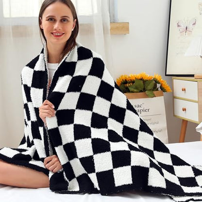 Ultra Soft Checkered Blanket Cozy Buffalo Check Throw Fluffy Knitted Reversible Throw Blanket Lightweight Fleece Checkerboard Grid Blanket for Sofa Couch Bed Travel, Classic Black, 51''x63'' - color: Classic Black