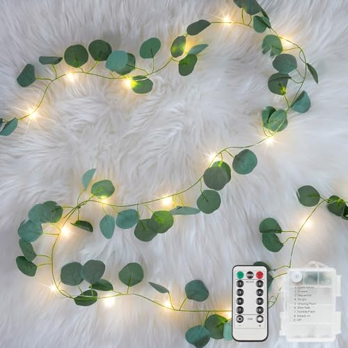 suddus 33FT Eucalyptus Garland String Lights Battery Operated Copper Wire - color: Eucalyptus, size: 100 LED-Battery