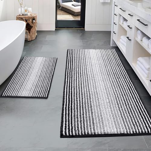 BSICPRO Bathroom Rugs Sets 2 Piece, Non Slip Striped Bath Mats, Black - color: Black, size: 20" x 47" Plus 16" x 24"