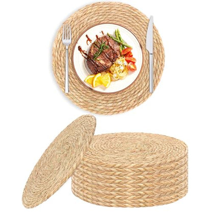 Round Woven Placemats Set of 12，13.8 Inch Natural Rattan Placemats Hand-Woven Water Hyacinth Placemat Farmhouse Rustic Braided Boho Wicker Table Mats for Dining Table Wedding Home (13.8 Inch) - size: 13.8