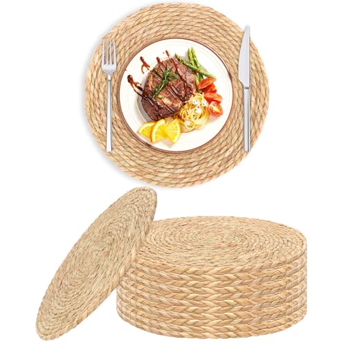 Round Woven Placemats Set of 12，13.8 Inch Natural Rattan Placemats Hand-Woven Water Hyacinth Placemat Farmhouse Rustic Braided Boho Wicker Table Mats for Dining Table Wedding Home (13.8 Inch) - size: 13.8
