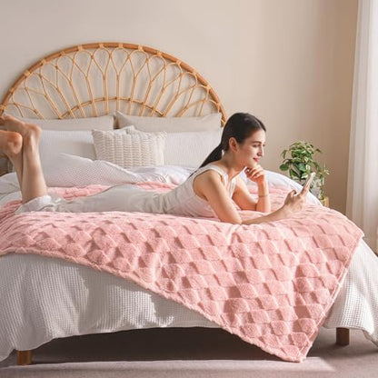 Pink Fleece Throw Blanket for Couch Sofa 50”x60” with Diamond Checkered - color: Pink, size: Throw(50"x60")