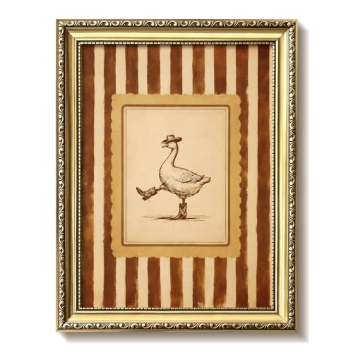 Vintage Gold Framed Western Wall Art, Funny Goose Cowboy Canvas Print, Brown Striped Farmhouse Wall Decor, Rustic Cute Goose Picture Poster for Living Room Bedroom Bathroom 16x24in - color: Cowboy Duck, size: 24"L x 16"W