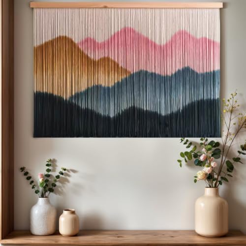 Sdjazl Woven Boho Macrame Wall Hanging Home Decor Tapestry Dip-Dyed Large Modern Fiber Colorful Mountain Landspace For Living room (pink) - color: pink