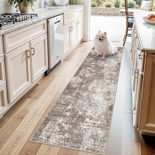 2x7 Washable Kitchen Runner Rug – Non-Slip Soft Carpet for Bathroom Hallway Hall Bedroom – Modern Abstract Neutral Low-Pile Thin Indoor Area Rug with Rubber Backing (Brown Beige,2x7) - color: Brown Beige, size: 2' x 7' (Rectangular)