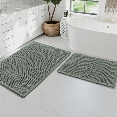 H.VERSAILTEX Waffle Bath Mat Super Absorbent Bathroom Mats Non Slip Bath Rugs for Bathroom Floor Machine Washable Ultra Soft Bathroom Rugs for Beside Tub, (32 x 20 Plus 24 x 17 - Inches, Lichen) - color: Lichen, size: 20" x 32" Plus 17" x 24"