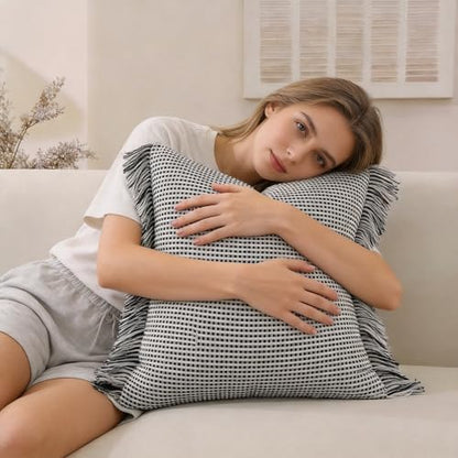 Handmade Tassel Boho Striped Fringe Pillow Covers Set of 2-18x18 Inch - color: Black, size: 18" x 18" (Pack of 2)