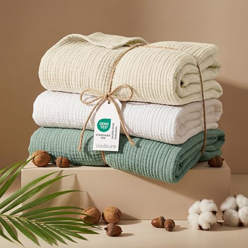 Bedsure 100% Cotton Muslin Blanket Queen Size for Bed, 4-Layer, Sage Green - color: 02 - Sage Green, size: Queen (90" X 90")