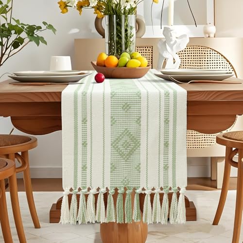 OTOSTAR Green Table Runner 13x72 Inches Boho Rustic Table Runner with Tassels Farmhouse Kitchen Dining Macrame Table Decoration for Christmas Home Wedding Party Birthday Holiday Decor (Green) - color: Green, size: 13"×72"