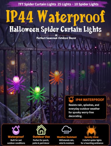 7FT Halloween Spider Curtain String Lights Plug-in 25 LED Decor - color: Spider Curtain Lights