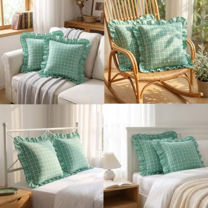 Mywinlle Mint Green Plaid Ruffle Throw Pillow Shams 18"x18" Set of 2 - color: Mint Green Plaid, size: 18" x 18" (Pack of 2)