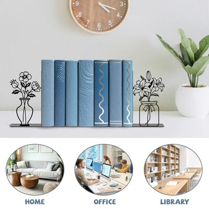 Metal Bookends Flower Vase Book Ends for Shelves - color: Black - 1 Pair Flower Vase