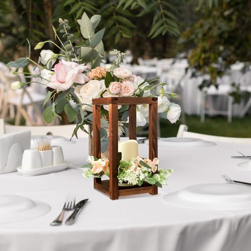 Hushee 30 Pcs Wooden Wedding Lantern Centerpiece Candles Wreaths Set,Brown - color: Brown