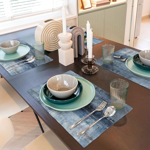 Modern Art Placemats Set of 4 Linen Washable 12x18 inch - color: White Blue