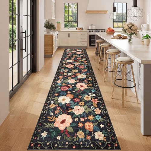 DUKINO 2.6x12 Kitchen Runner Rug, Floral Non Slip Long Washable Rug, Black - color: Black, size: 2'6" x 12' (Rectangular)
