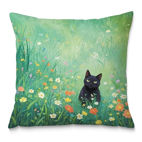 Floral Black Cat Pillow Covers 18x18, Cats Lovers Lady Gifts, Cat Gifts for Mom Mother's Day, Cats in Green Field Meadow Decorative Pillow Covers for Home Bedroom Living Room Office Decor - color: Style05