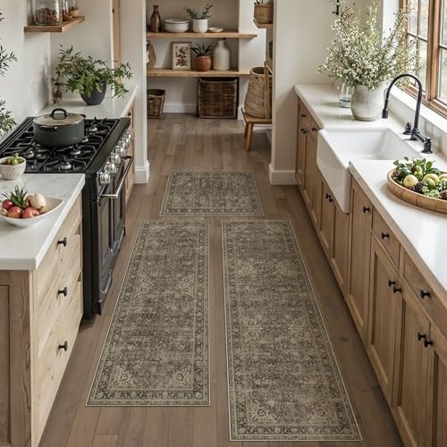 Washable Vintage Brown Kitchen Runner Rug Set of 3 - color: Retro | Brown, size: 20"x32"+20"x48"+20"x59"