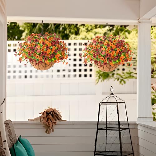 Artificial Fall Hanging Flowers Basket, UV Resistant Mums for Outdoors - color: Orange Brown