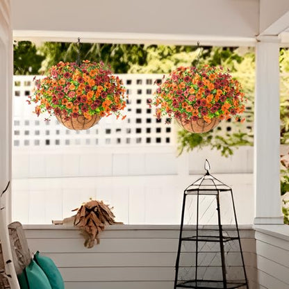 Artificial Fall Hanging Flowers Basket, UV Resistant Mums for Outdoors - color: Orange Brown