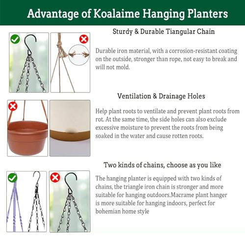 Koalaime 2 Pack Hanging Planters Set,10 Inch Indoor Outdoor Hanging Plant Pot Basket,Hanging Flower Pot with Drainage Hole with 3 Hooks for Garden Home(Purple Hanger White Planters) - color: Purple Hanger White Planters