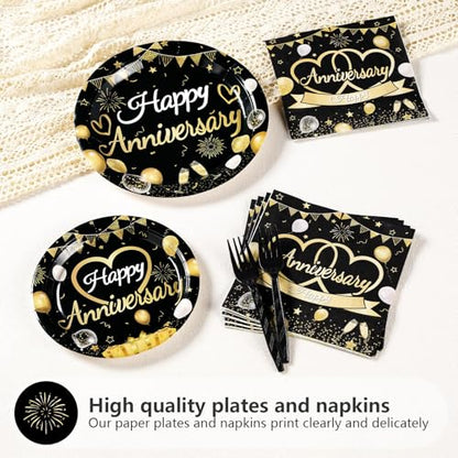 Greencian 96 Pcs Black and Gold Anniversary Party Decorations，Serves 24 - style: Happy Anniversary Kit