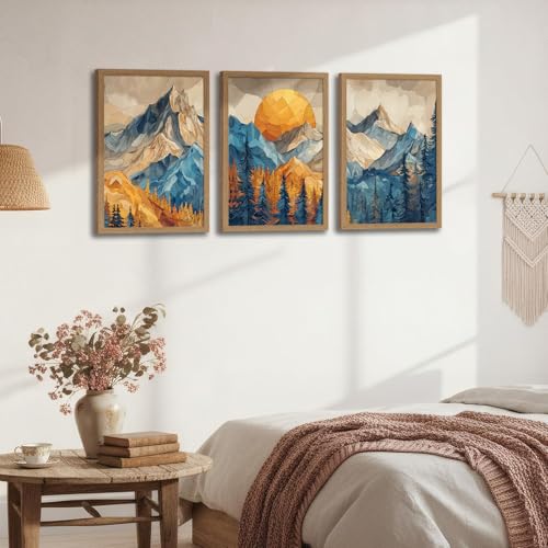 Mountain Wall Art Set of 3 Framed, Abstract Landscape Canvas Print - color: Rainbow Mountain, size: 16x24 Inches