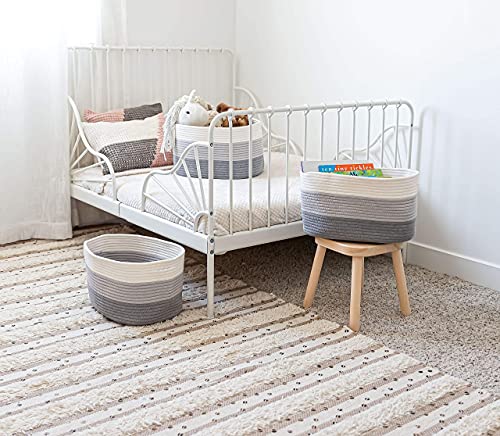 OrganiHaus Cotton Rope Baskets for Shelves, Set of 3, 15x9x10 - color: 3-toned Gray