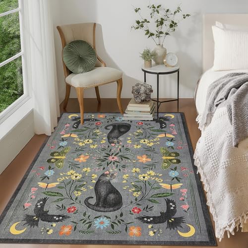 GarveeHome 4x6 Cat Washable Area Rug for Nursery Room, Mushroom Floral Grey Bedroom Rug Non Slip Low Pile Butterfly Carpet Stain Resistant Throw Rug for Dorm Kids Room Office Dining Room - color: Grey, size: 4' x 6' (Rectangular)