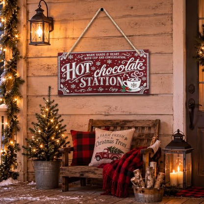Marsui Christmas Wood Hanging Sign with Jute Rope, Hot Chocolate Station - style: Hot Chocolate Station