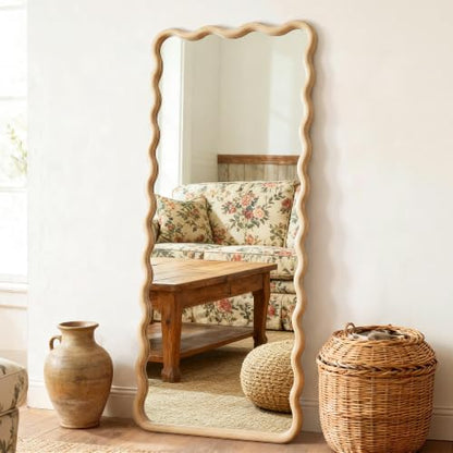 Full Length Mirror, 60”x25” Wavy Wood Floor Mirror for Wall - size: 60"L x 25"W