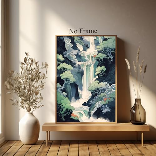 GADZRTIL Abstract Waterfall Wall Art Japanese Landscape Poster Blue Nature Pictures Japanese Waterfall Wall Art Abstract Hokusai Canvas Wall Art Abstract Landscape Artwork 16x24inch No Frame - color: Waterfall Art-Unframed