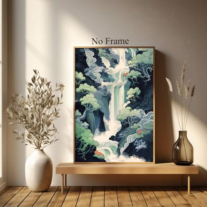 GADZRTIL Abstract Waterfall Wall Art Japanese Landscape Poster Blue Nature Pictures Japanese Waterfall Wall Art Abstract Hokusai Canvas Wall Art Abstract Landscape Artwork 16x24inch No Frame - color: Waterfall Art-Unframed