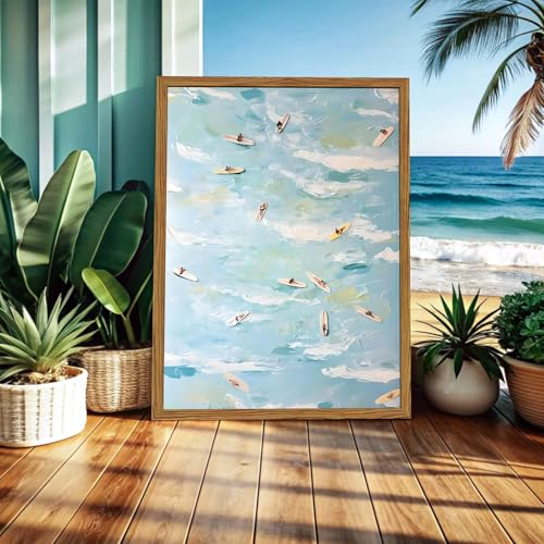 Framed Tiny People Surfing Canvas Wall Art, Abstract Blue Coastal Surfer Pictures Wall Decor, Funky Summer Ocean Paintings Prints Beachy Home Decor for Living Room Bedroom Dorm 12x16 inch - color: Surfer, size: 16"L x 12"W