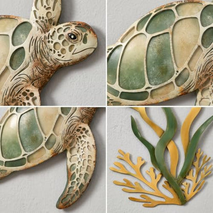 Tevqemi Large 3D Metal Sea Turtle Wall Art, 4-Piece Hand-Painted Wall Decor