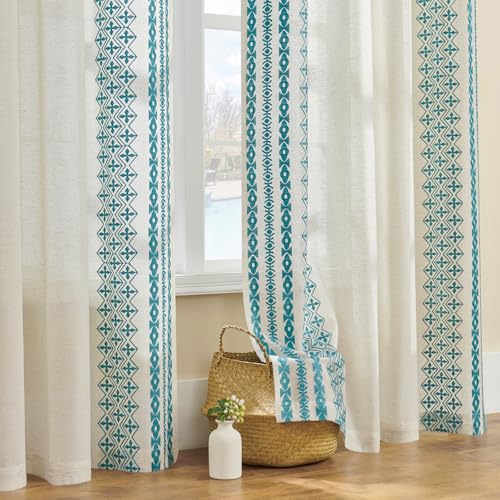 Sheer Curtains 96 Inches Long 2 Panels set for Living room Grommet Semi Sheer Bohemian Western Curtains Classic Rustic Embroidery Flax Drapes Large Window Farmhouse Privacy Decor, 52x96, Teal Blue - color: Teal Blue, size: 52"W x 96"L (Pack of 2)