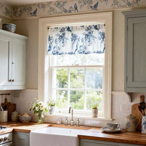 Leeva Animal Patterned Valances for Window, Farmhouse Elegant Bird and Plants Valance Curtains for Living Room, Rod Pocket Linen Textured Decorative Window Treatment for Bedroom, 52 x 18 - color: B4, size: 52"W x 18"L (Pack of 1)