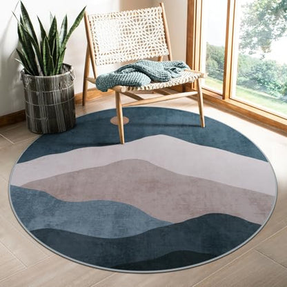 4ft Abstract Round Area Rug, Blue Washable Mountain Sun Circle Rugs - color: Blue, size: 4' (Round)