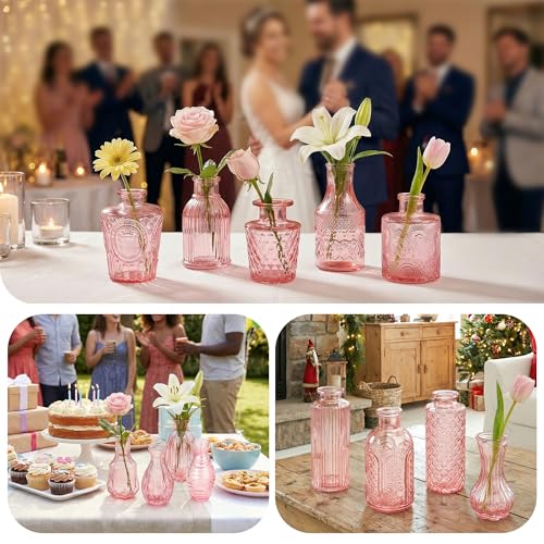 Glass Bud Vases in Bulk Small Mini Pink Vase for Flowers 17pc - color: Pink