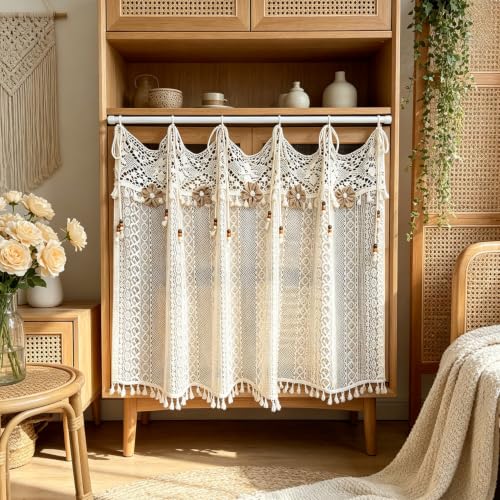 Boho Crochet Lace Sheer Curtain Valance for Window Kitchen Doorway Entryway - size: 55"W x 20"L (Pack of 1)