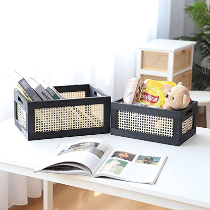 Wicker Wood Storage Baskets with Handle, Set of 2, Black - color: Black, size: Large & Small (Set of 2)