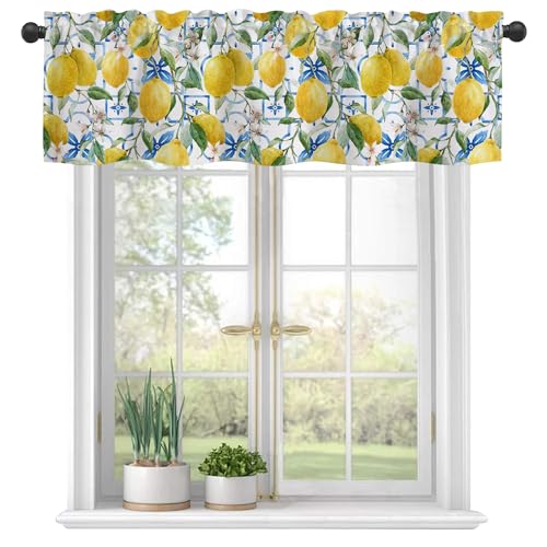 Curtain Valances,Hand Drawn Lemons and Blue Tiles Semi Sheer Kitchen Windows Valances,Rod Pocket Short Window Treatment Light Filtering Decor Valances for Kitchen Living Room Bedroom Windows - 54"x18" - color: Lemon Leaves Flowers, size: 18"W x 54"L (Pack