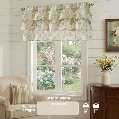 jinchan Amlie Ruffled Floral Valance Curtain 1 Panel 18 Inch Green on Linen - color: Amlie Sage Green on Linen