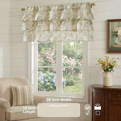 jinchan Amlie Ruffled Floral Valance Curtain 1 Panel 18 Inch Green on Linen - color: Amlie Sage Green on Linen