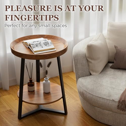 Gadroad Round End Table with Storage Shelf, Brown - color: Brown, size: 15.7"D x 15.7"W x 23"H (no Charging Station)