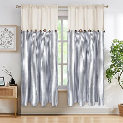 ASPMIZ Cotton Linen Farmhouse Curtains Boho Rustic Button Drapes, Linen Window Curtain Panels, Blue Stripe Country Curtains for Bedroom Living Room, Modern Rod Pocket Curtain 52 x 63 Inch, 2 Panels - color: Beige&blue, size: 52"W x 63"L (Pack of 2)