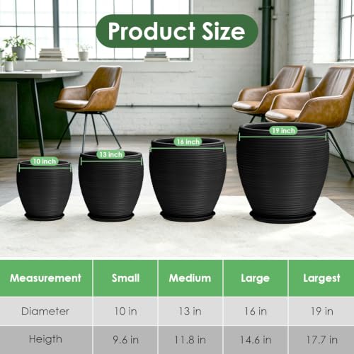 QRRICA Large Round Plastic Planter Set of 4 – 19+16+13+10 Inches with Drainage & Rubber Plugs – Indoor Outdoor Pots for Flowers, Vegetables, Herbs (Black, 19+16+13+10 inch) - color: Black, size: 19+16+13+10 inch